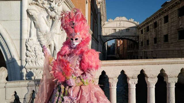 Venice, Italy - February 2022 - carnival masks are photographed with tourists in San Marco square
