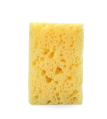 Yellow washing sponge isolated on white. Cleaning supplies