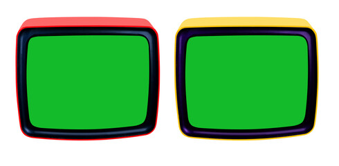 yellow, red, blue, pink old tube retro TV ca. 1975 with blank green screen for designer, isolated white background, concept of house 1980s, mockup, eternal values ​​on television, retro technologies