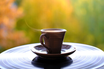 cup of hot tea, coffee on black vinyl record in the garden, beautiful blurred natural landscape, background of yellow and orange leaves of trees, concept of autumn mood, close-up, copy space