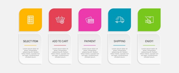 Concept of shopping process with 5 successive steps. Five colorful graphic elements. Timeline design for brochure, presentation, web site. Infographic design layout.