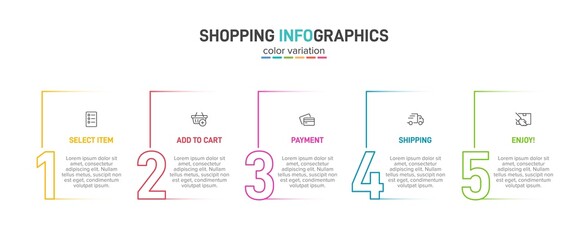 Concept of shopping process with 5 successive steps. Five colorful graphic elements. Timeline design for brochure, presentation, web site. Infographic design layout.
