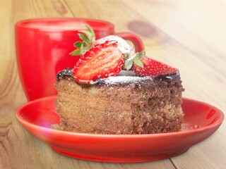 Tasty cake chocolate slice on a plate