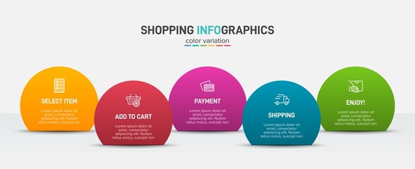 Concept of shopping process with 5 successive steps. Five colorful graphic elements. Timeline design for brochure, presentation, web site. Infographic design layout.