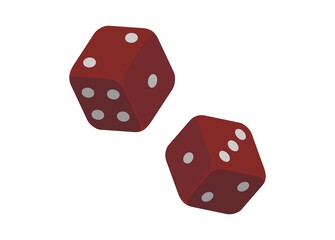 Pair of red colored dice with grey dots. Simple flat illustration.