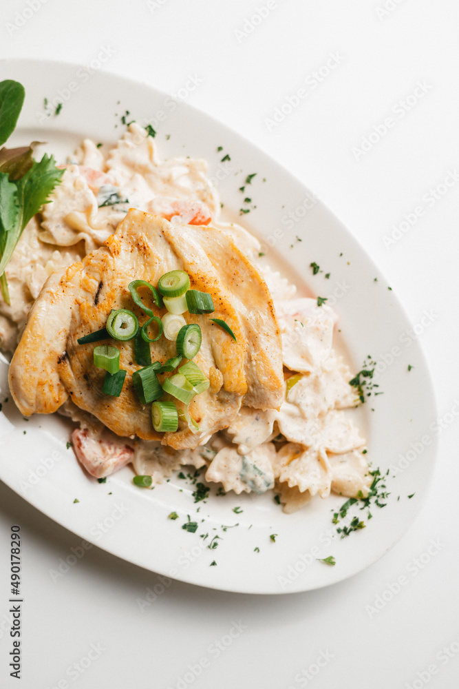 Sticker top view of chicken breast with pasta on a large ceramic white plate on a white background