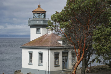 Lighthouse Madrona San Juan Island WA, ocean, straight of Juan de Luca