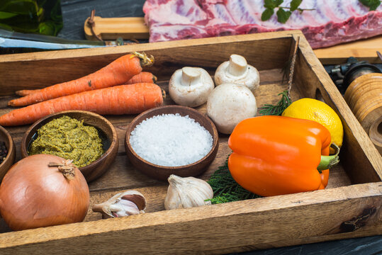 vegetables and spices for cooking meat broth.