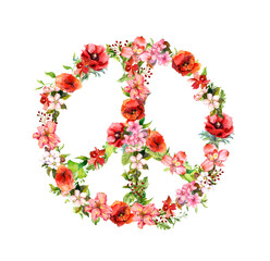 Peace sign with poppy flowers, grass and leaves. Antiwar watercolor illustration with not war floral symbol