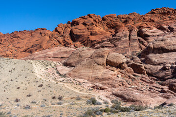 Red Rock Canyon rock formation in Nevada with blue sky