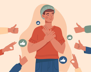 Public approval or praise abstract concept. Satisfied man surrounded by hands showing ok and thumbs up gestures. Positive assessment of excellent work of employee. Cartoon flat vector illustration - obrazy, fototapety, plakaty