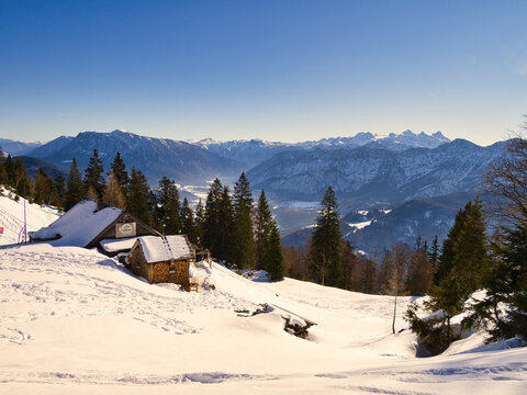 View of winter in the mountains of the Salzkammergut near Bad Ischl