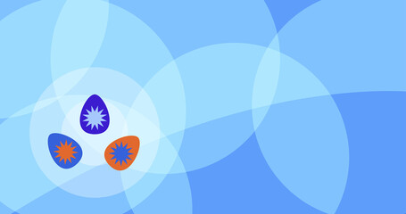 Background for Easter greening card with colorful eggs. Blue abstract backdrop.