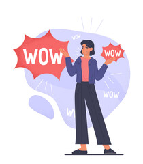 Woman shouting wow message abstract concept. Female character attracts attention of new users and buyers. Business promotion, advertising or marketing. Cartoon modern flat vector illustration