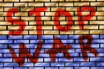 Illustration of the flag of Ukraine on a brick wall with the text STOP WAR. A call to stop the military conflict in Ukraine.