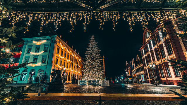 Beautiful shot of the Christmas tree and other decorations in the streets of Offenburg