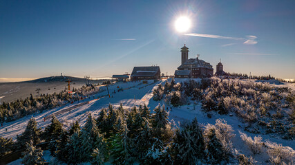 Aerial view of a beautiful winter landscape in Fichtelberg, Ore Mountains, Saxony
