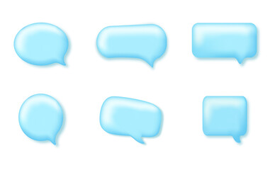 Set of 3D speech bubble icons. Colorful stickers of various geometric shapes for online chats, dialogues and communication. Copy space. Cartoon realistic vector collection isolated on white background