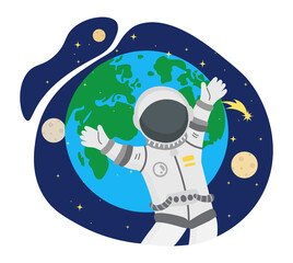 Astronaut in outer space abstract concept. Character in spacesuit and oxygen helmet explores space, planets, stars and satellites. Galaxies and universes. Cartoon modern flat vector illustration
