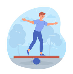 Balance board abstract concept. Strong young man keeps his balance on simulator. Entertainment, physical activity or sports. Fun workout for skateboarder. Cartoon modern flat vector illustration