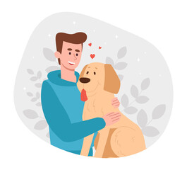 Pet Owner abstract concept. Young man hugs his dog, loves her and takes care of her. Male character shows tenderness to puppy. Friendship between animal and person. Cartoon flat vector illustration