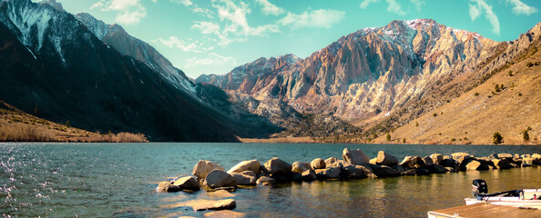 Panoramic landscape of the lakeside mountains at dawn - Powered by Adobe