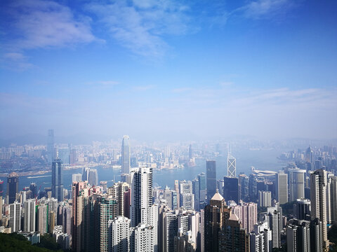Aerial view of the modern city Hong Kong on a sunny day