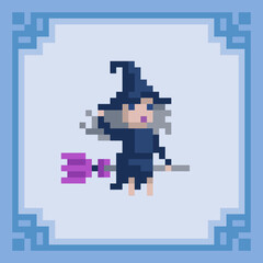 Witch flying on a broomstick. Pixel art character. Vector illustration
