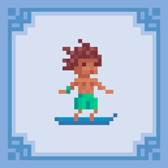 Surfer on surfboard.Pixel art character. Vector illustration
