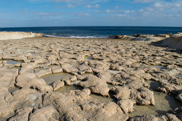 Limestone wave-cut platform along coast of Delimara - coastal weathering, erosion, cliff recession.