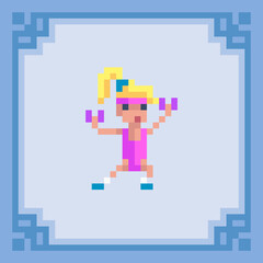 Athletic woman exercising with dumbbell. Pixel art character. Vector illustration