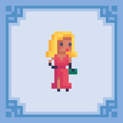 Fashion girl in red dress. Pixel art character. Vector illustration