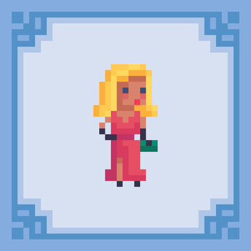 Fashion girl in red dress. Pixel art character. Vector illustration