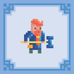 Dwarf warrior with weapon. Pixel art character. Vector illustration