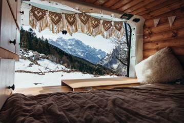 Beautiful shot of a vanlife during winter