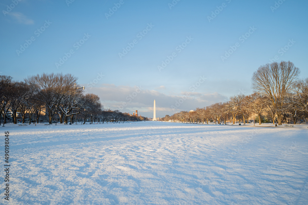 Sticker National Mall and the Washington Monument covered in snow during sunrise right after a snowstorm