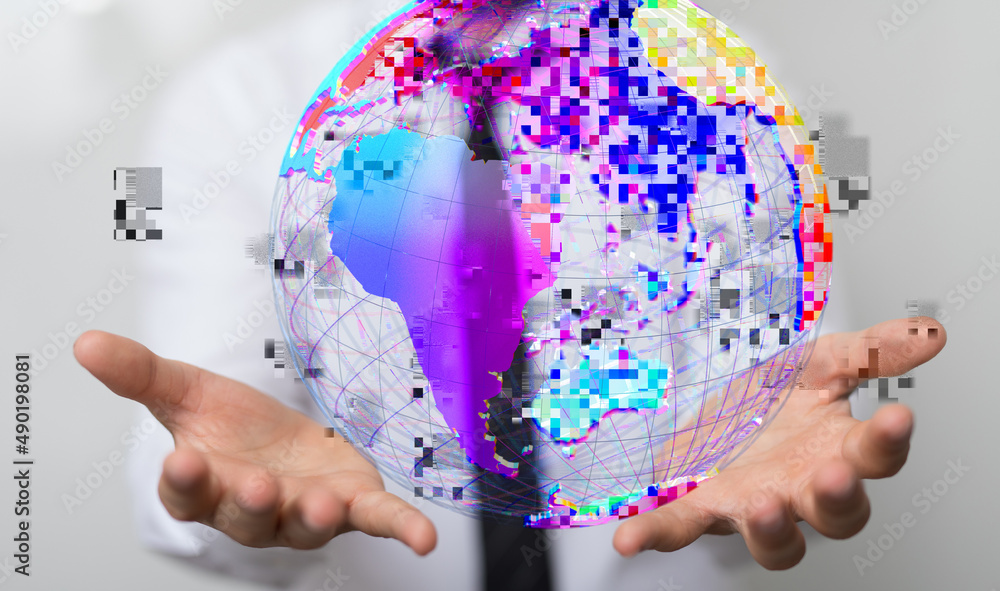 Poster person presenting a 3d render of a network digital system