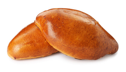 Two delicious baked patties on white background