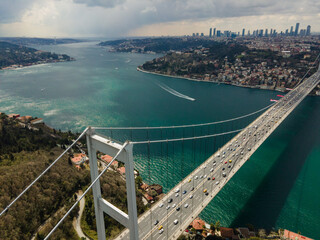 Aerial view of Istanbul Bosphorus bridge with cloudy sky