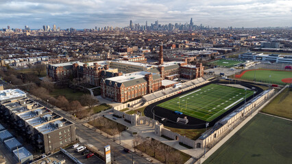 Aerial view of Lane Tech College campus. Chicago, Illinois, United States.