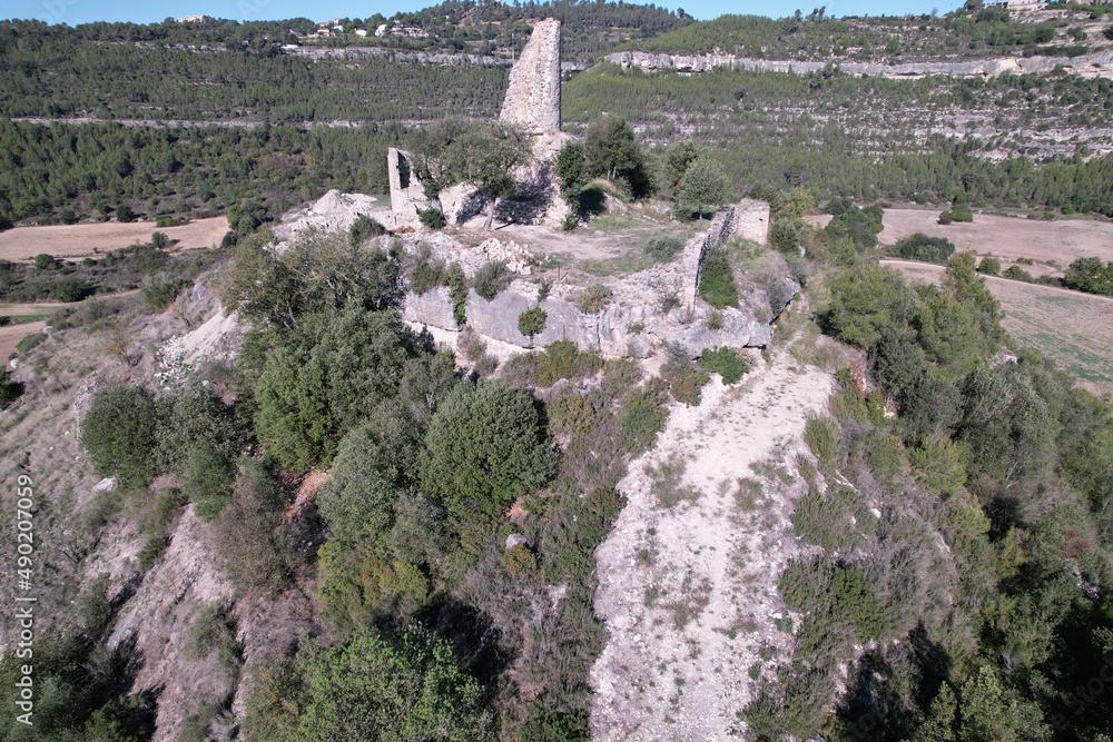 Sticker Aerial view of ruins of the Calders Castle, in the municipality of Calders, in Barcelona, Spain