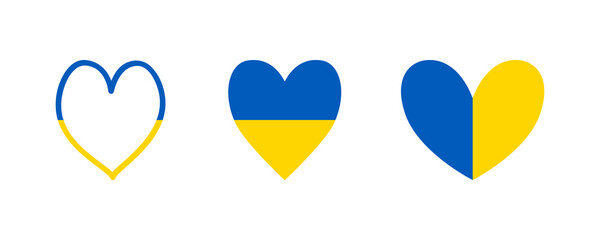 Ukrainian flag in heart shapes on isolated white background. Different versions. Flag of Ukraine