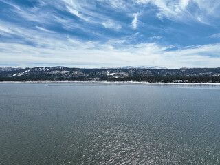 Aerial view of Big Bear Lake during winter season, San Bernardino National Forest, California, USA