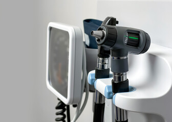 Close up view of physicians health exam tools ,ear infection checking and blood pressure checking tools mounted on the wall