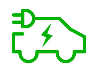 Green electric car icon with plug vector template. Hybrid vehicle battery power fuel symbol.