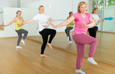 Fototapeta na wymiar Active mature women enjoying training in dance studio, dance class for adults