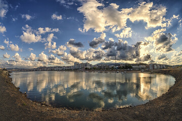 Closeup of reflection of a cloudy sky on lake
