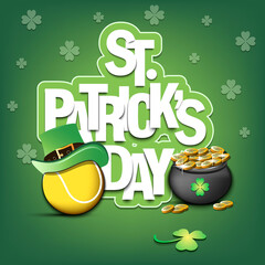 Fototapeta premium Happy St. Patrick's day. Tennis ball in leprechaun hat, pot with gold coins and clover. Pattern design for logo, banner, poster, greeting card. Vector illustration on isolated background