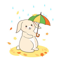 Rabbit walking under umbrella on autumn rainy postcard. Bunny or hare standing rainy weather day childish mascot symbol year. Seasonal outline flat cartoon vector illustration