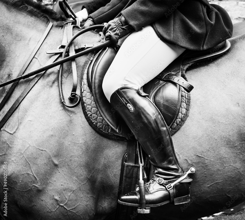 Poster View of the rider hunting boots at the start of the Heythrop Hunt, Chipping in grayscale